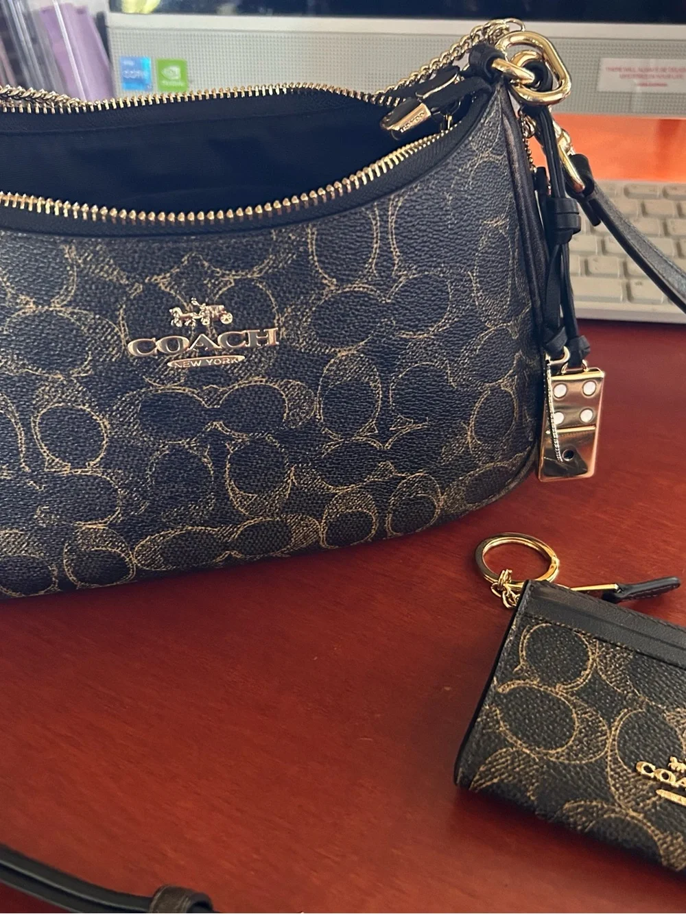 Coach Mini Shoulder Bag in Dark Brown Signature Canvas with Gold Hardware